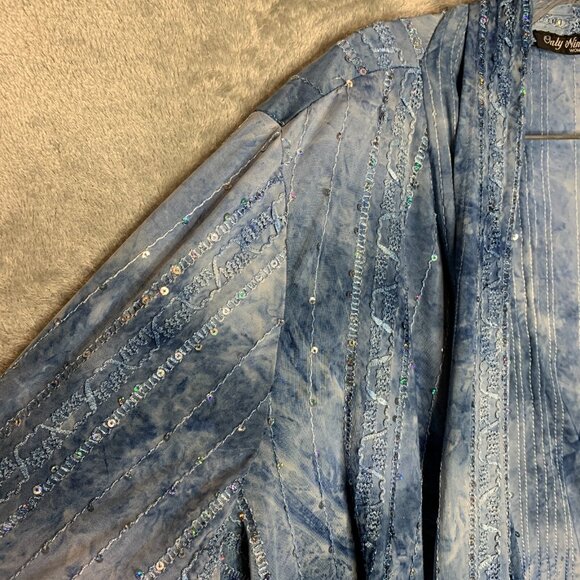 Only Nine Women Fairy Whimsical Waterfall Watercolor Sequin Open Cardigan L Blue - Picture 3 of 10